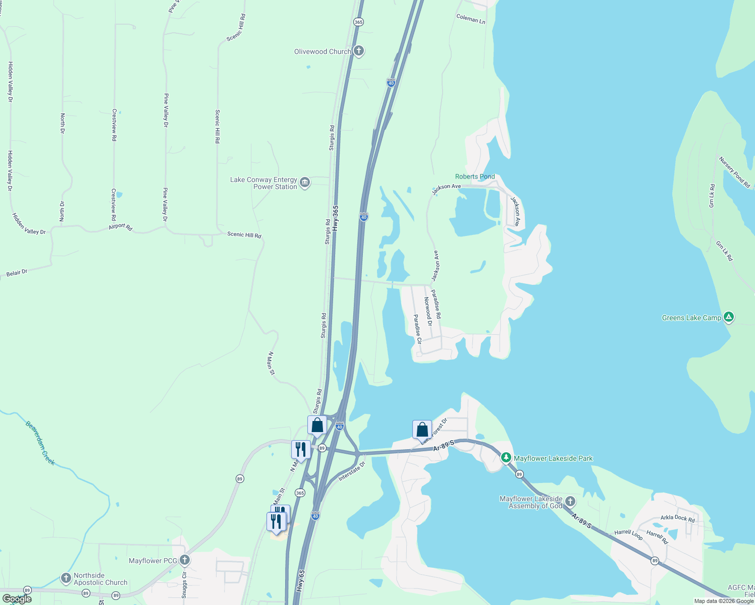 map of restaurants, bars, coffee shops, grocery stores, and more near 13 East Ridge Road in Mayflower