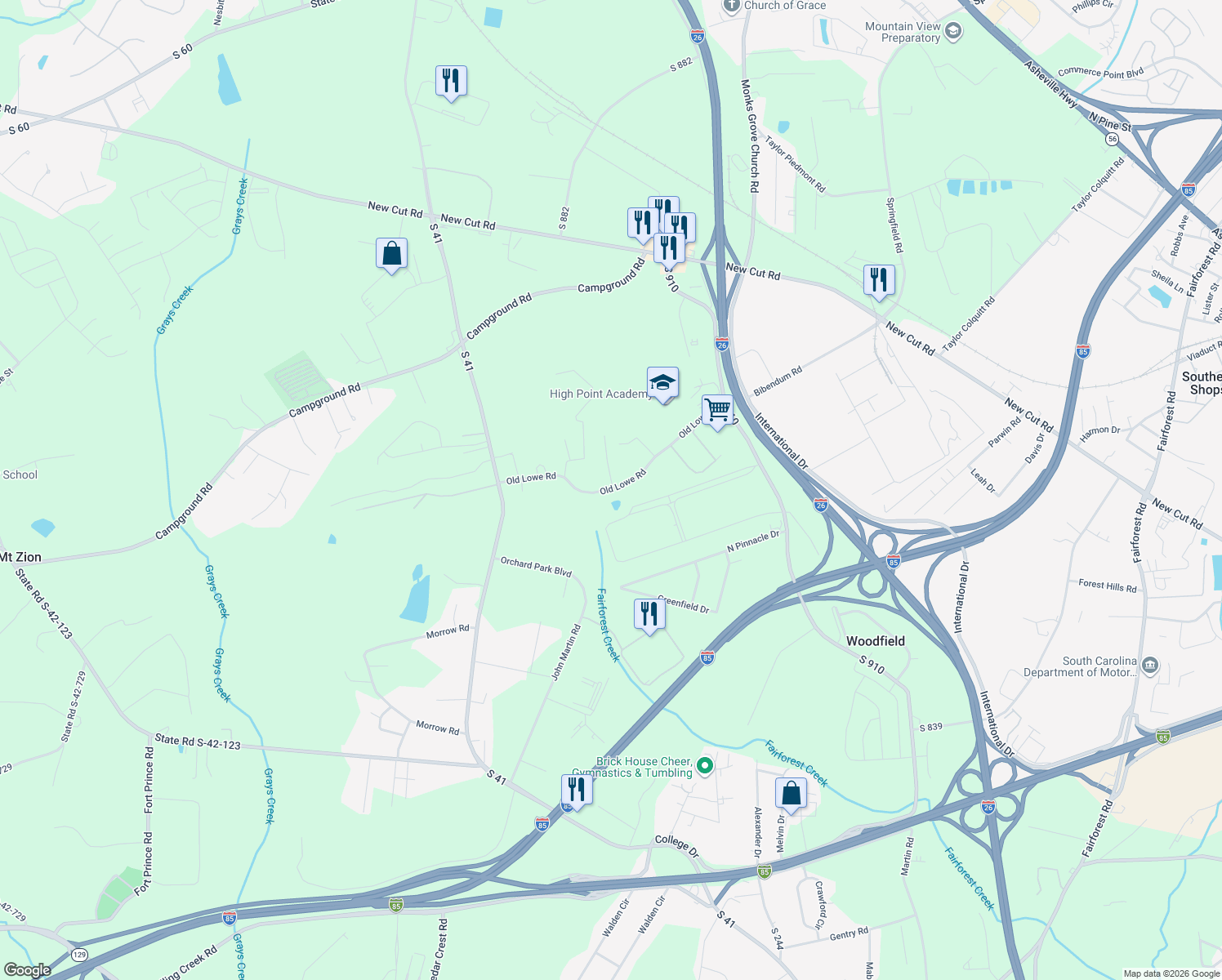 map of restaurants, bars, coffee shops, grocery stores, and more near 273 Old Lowe Road in Spartanburg