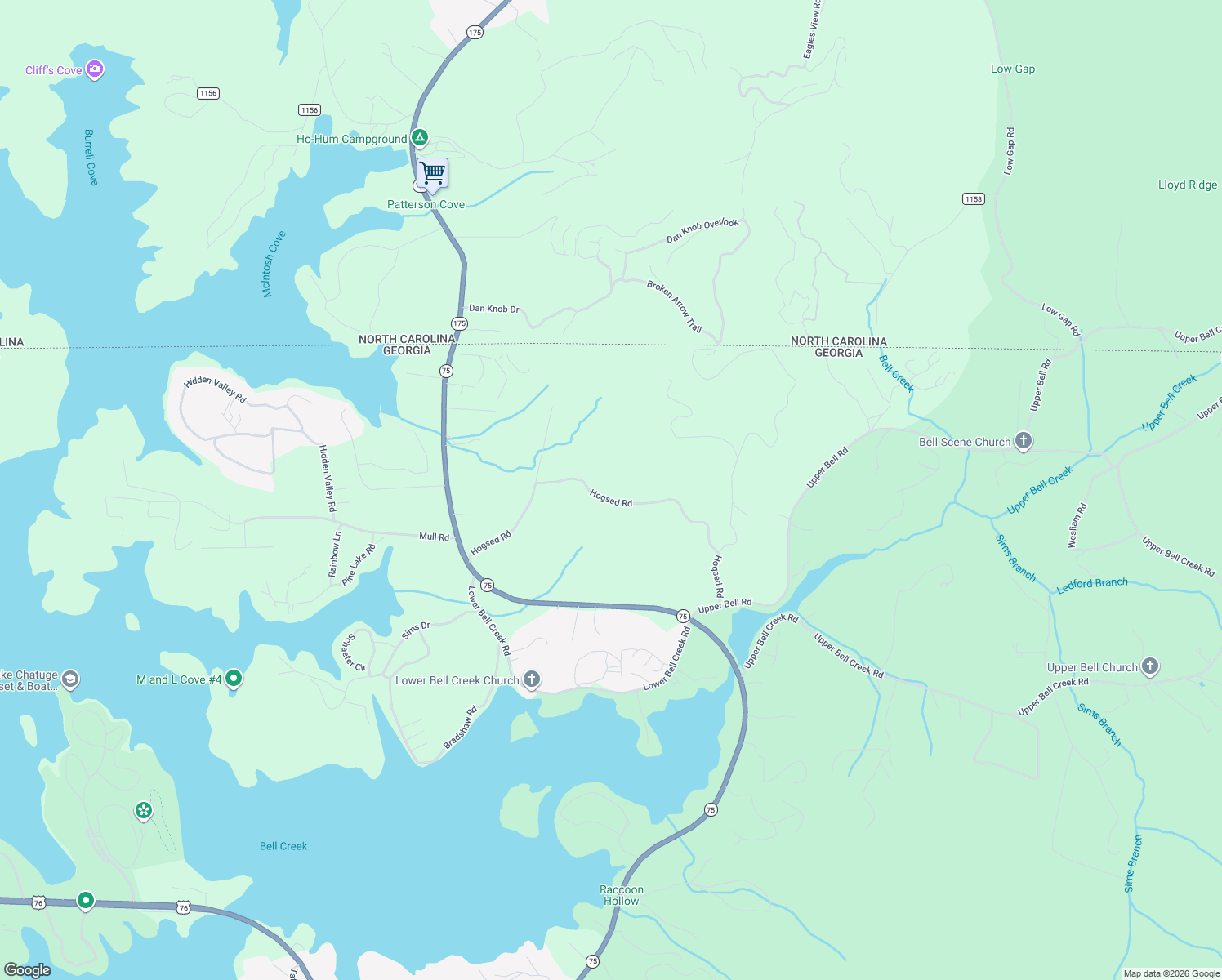map of restaurants, bars, coffee shops, grocery stores, and more near 559 Hogsed Road in Hiawassee