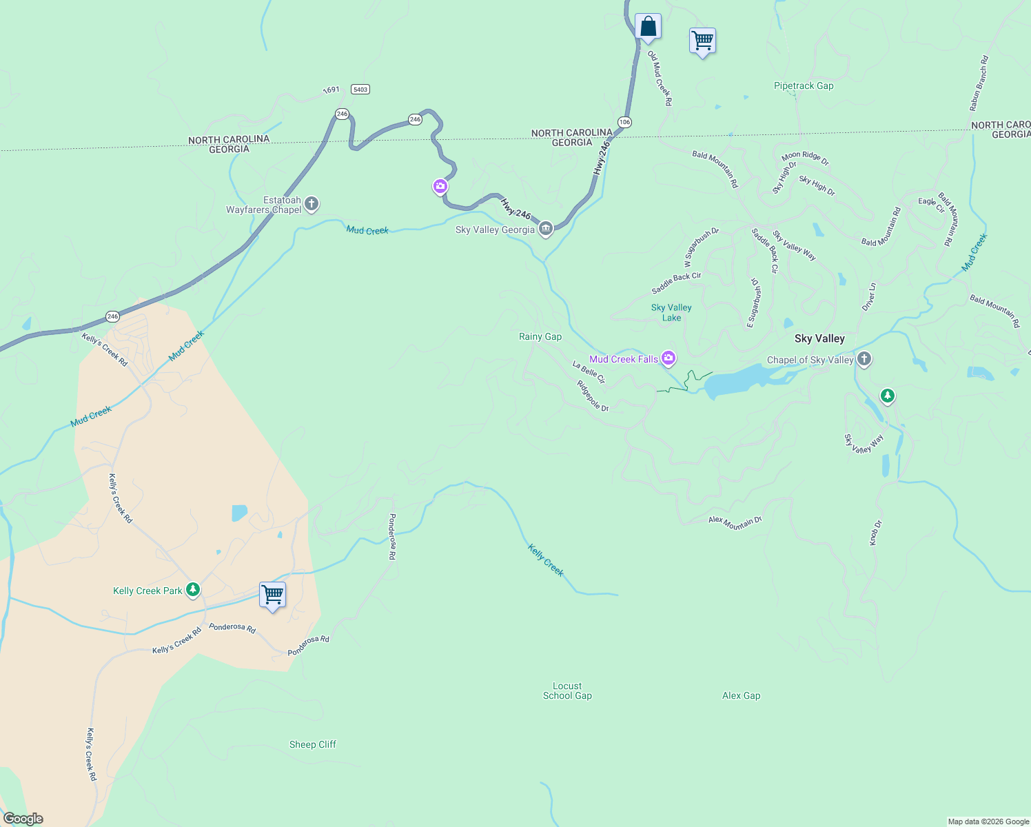 map of restaurants, bars, coffee shops, grocery stores, and more near Sheep Cliff Way in Sky Valley