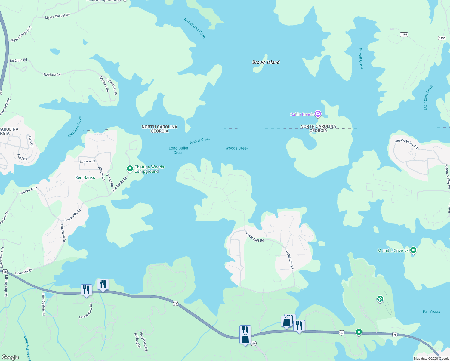 map of restaurants, bars, coffee shops, grocery stores, and more near 2021 Crescent Drive in Hiawassee