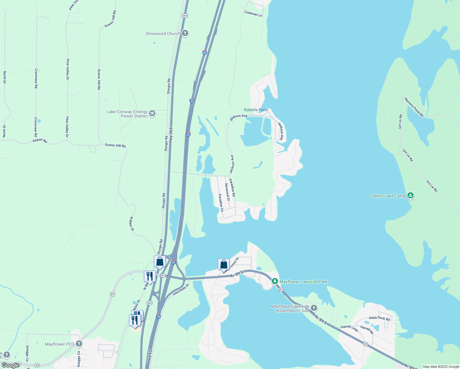 map of restaurants, bars, coffee shops, grocery stores, and more near 78 Paradise Road in Mayflower