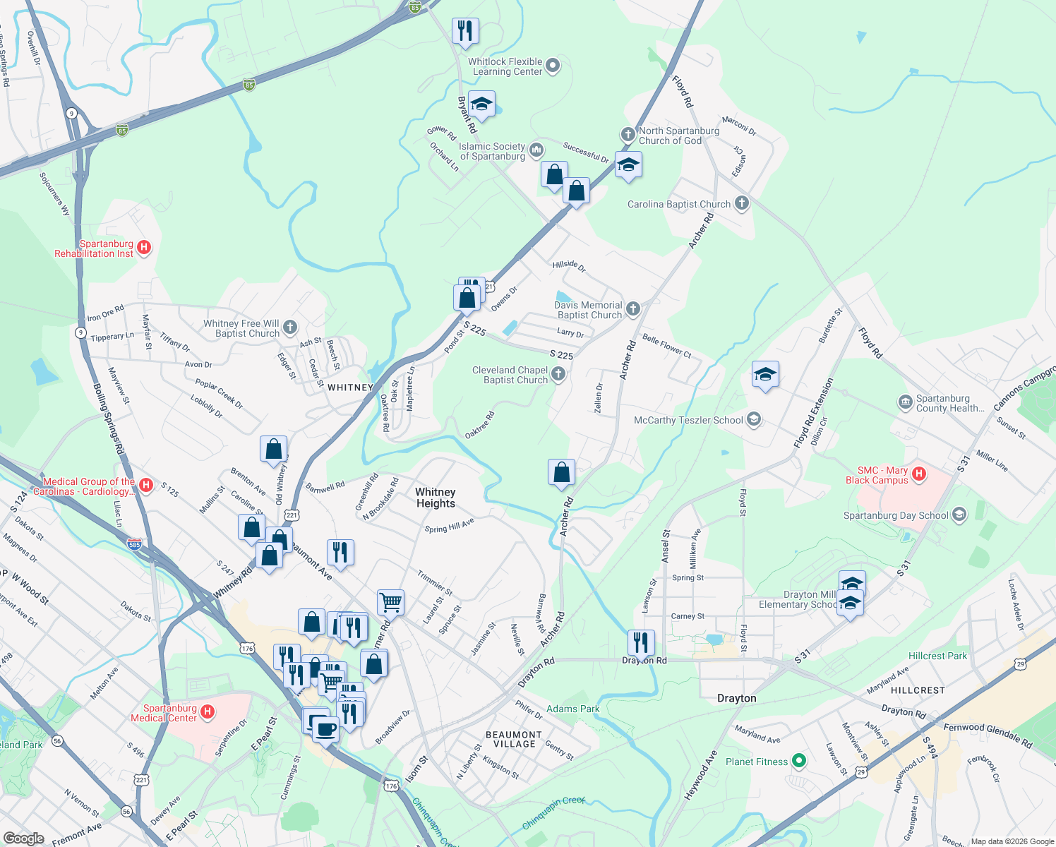map of restaurants, bars, coffee shops, grocery stores, and more near 320 Tharon Dr in Spartanburg