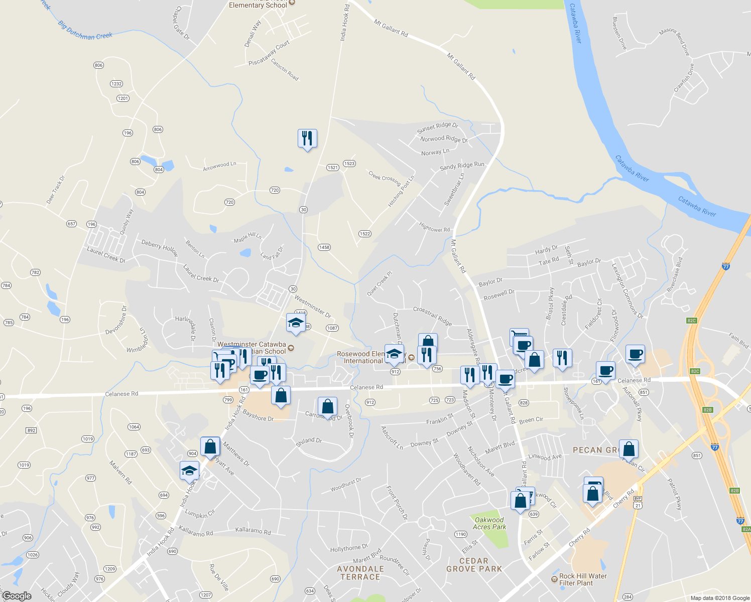 map of restaurants, bars, coffee shops, grocery stores, and more near 2321 Crosstrail Ridge in Rock Hill