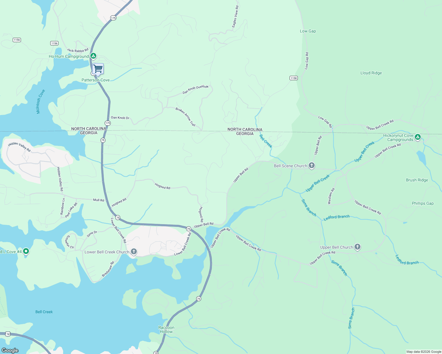 map of restaurants, bars, coffee shops, grocery stores, and more near 2249 Memory Lane in Hiawassee