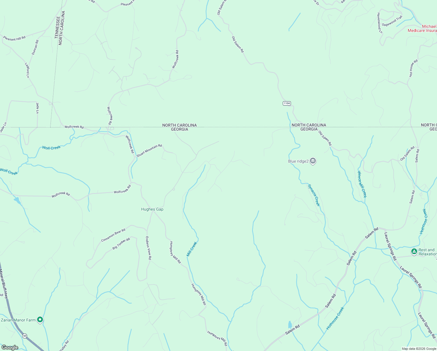 map of restaurants, bars, coffee shops, grocery stores, and more near 26 Stuart Ridge Road in Mineral Bluff