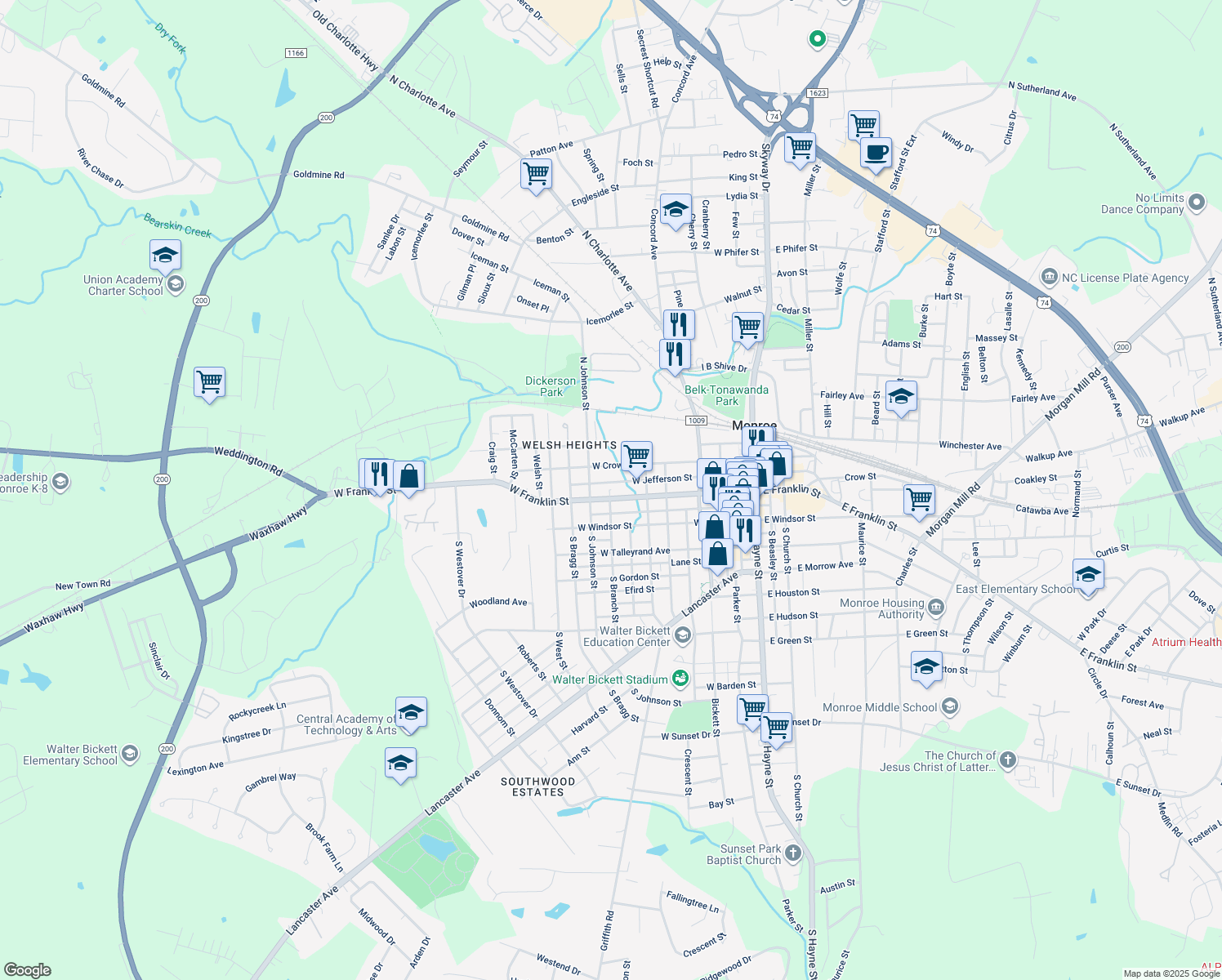 map of restaurants, bars, coffee shops, grocery stores, and more near 712 West Franklin Street in Monroe