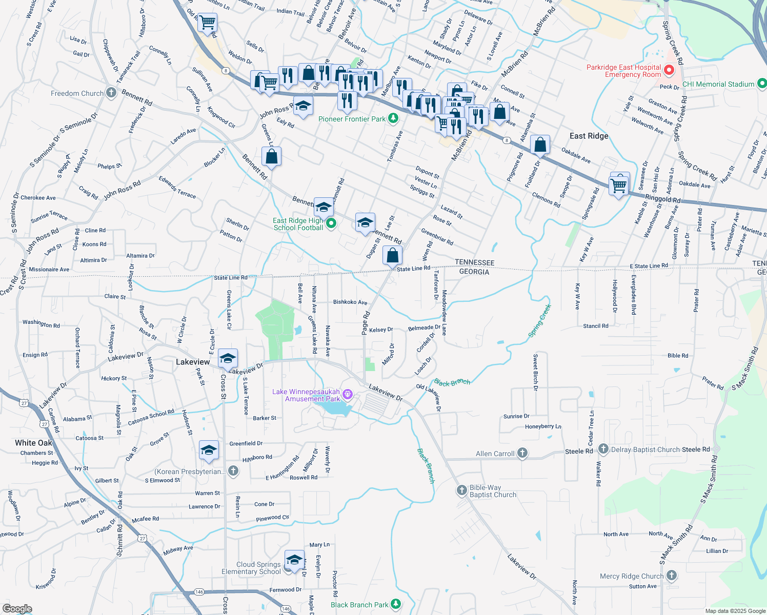 map of restaurants, bars, coffee shops, grocery stores, and more near 372 Page Road in Rossville