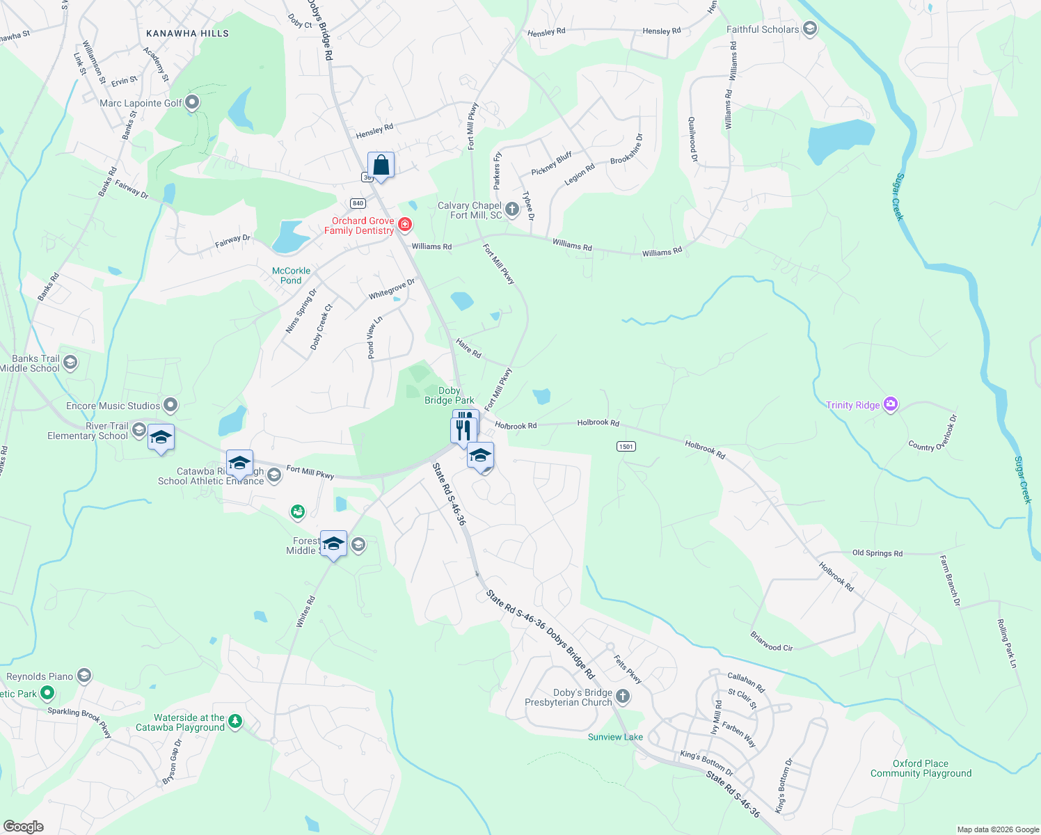 map of restaurants, bars, coffee shops, grocery stores, and more near 1950 Holbrook Road in Fort Mill
