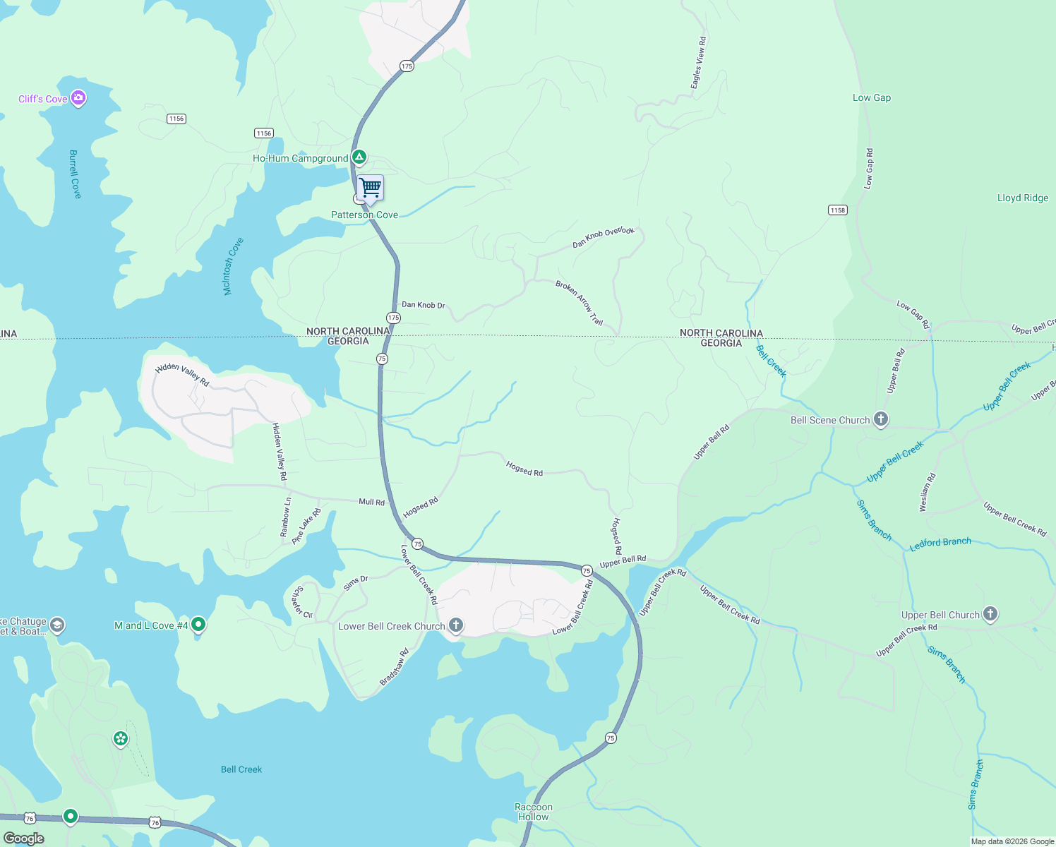 map of restaurants, bars, coffee shops, grocery stores, and more near 559 Hogsed Road in Hiawassee