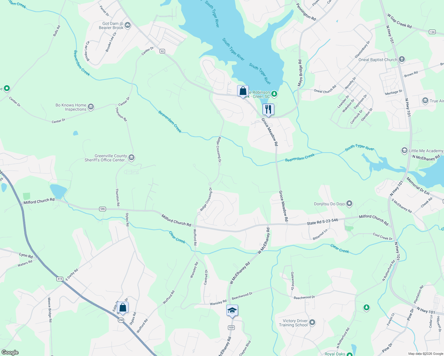 map of restaurants, bars, coffee shops, grocery stores, and more near 9 Hidden Springs Lane in Taylors