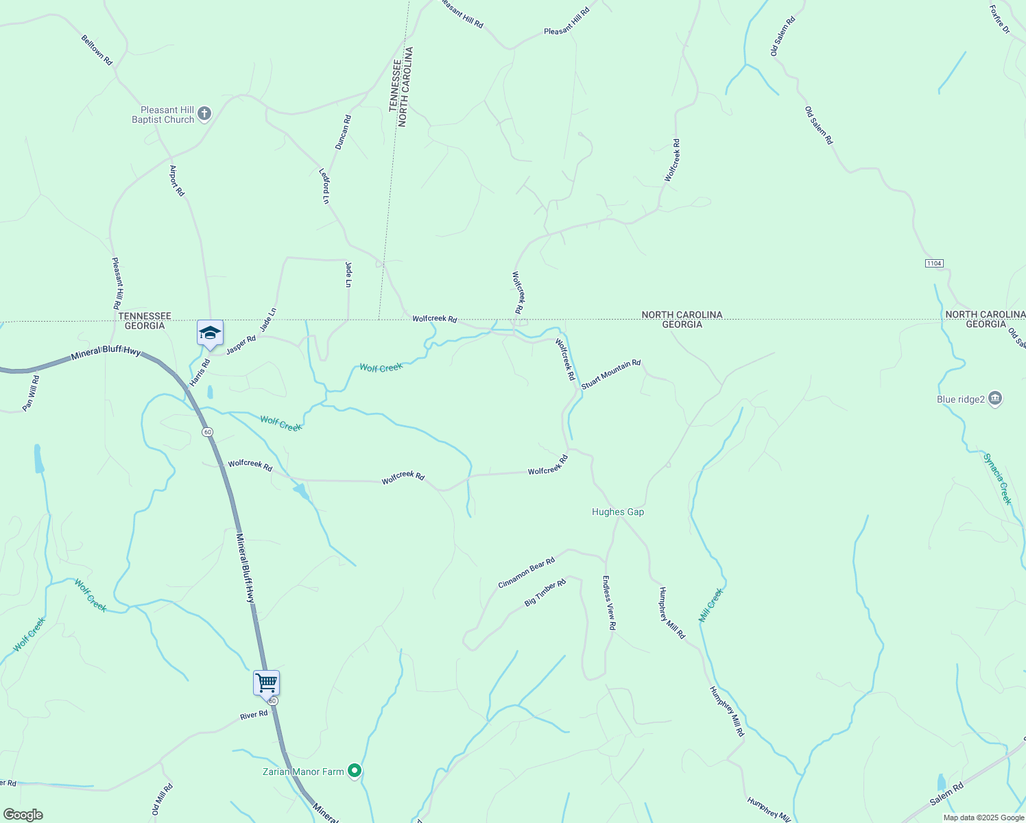 map of restaurants, bars, coffee shops, grocery stores, and more near 151 Hickory Hills Street in Mineral Bluff