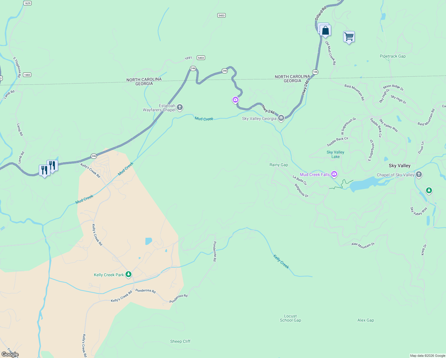 map of restaurants, bars, coffee shops, grocery stores, and more near 2255 Ridgepole Drive in Dillard