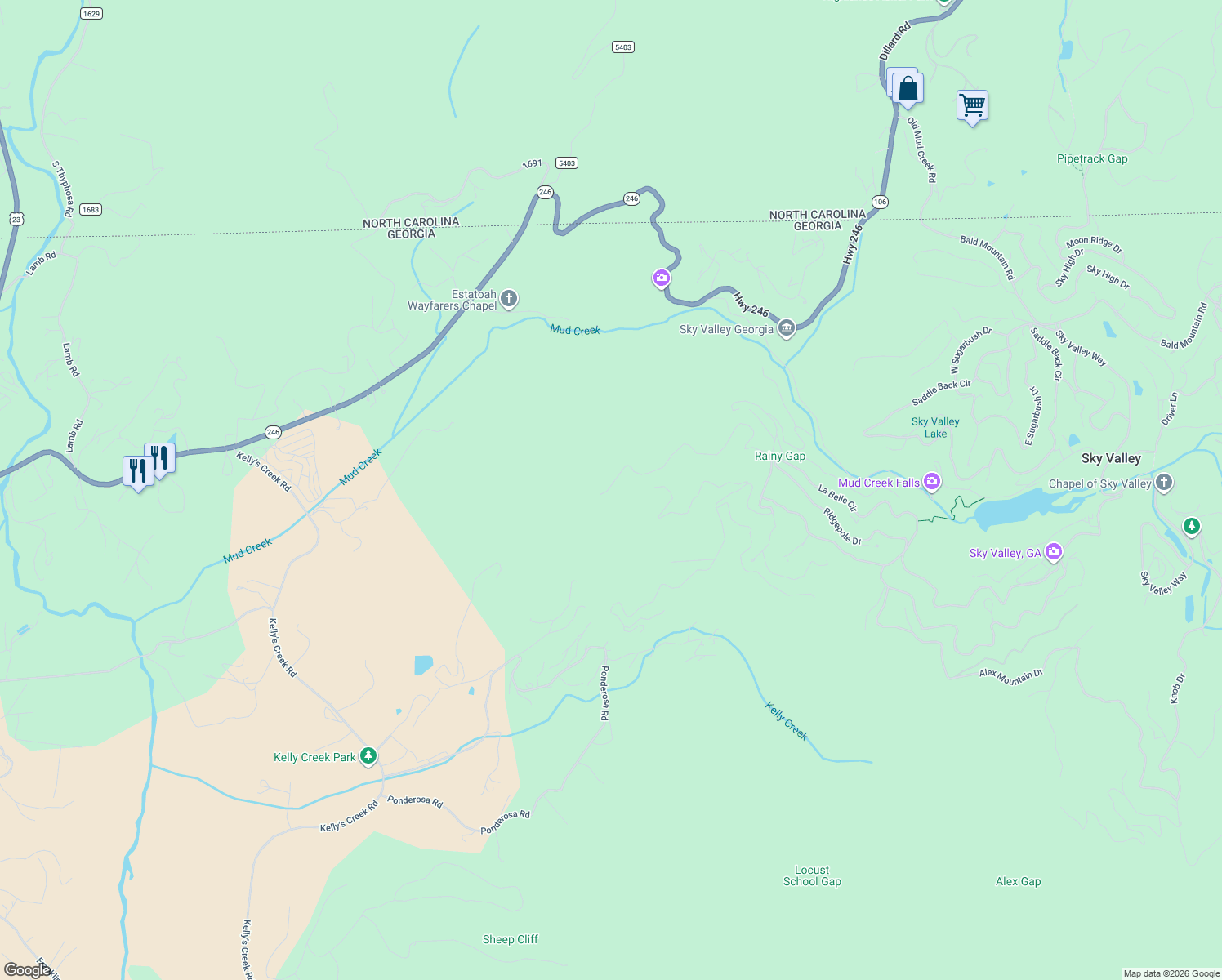 map of restaurants, bars, coffee shops, grocery stores, and more near 2386 Ridgepole Drive in Dillard