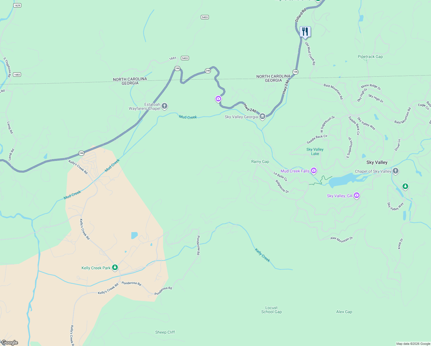 map of restaurants, bars, coffee shops, grocery stores, and more near 2163 Ridgepole Drive in Dillard