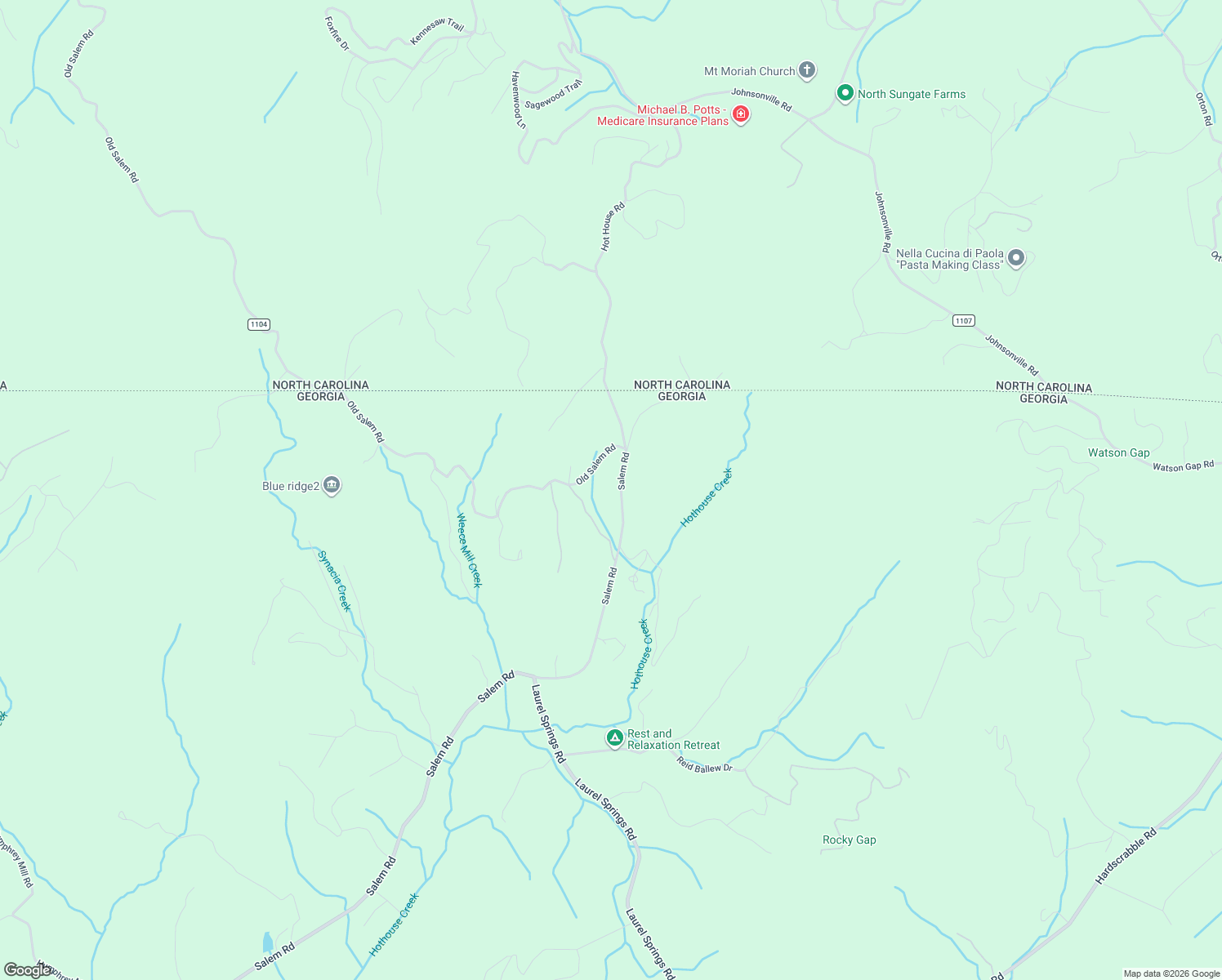 map of restaurants, bars, coffee shops, grocery stores, and more near Salem Road in Mineral Bluff