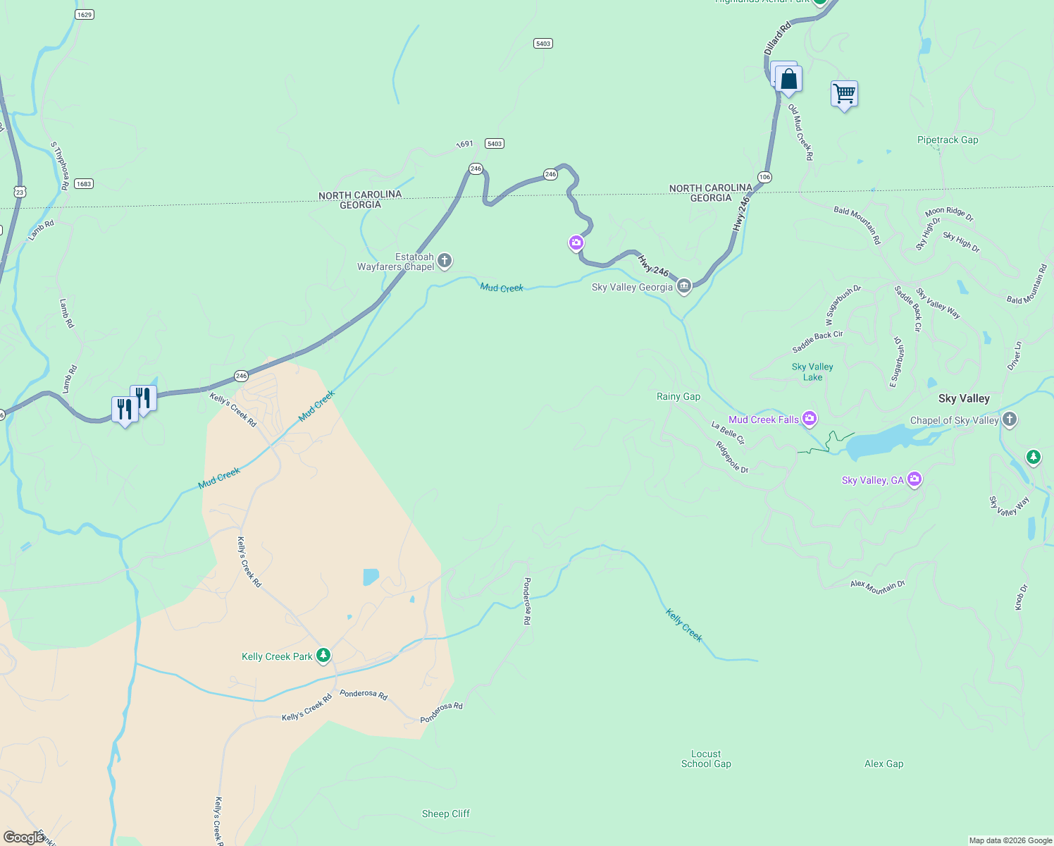 map of restaurants, bars, coffee shops, grocery stores, and more near 2386 Ridgepole Drive in Dillard