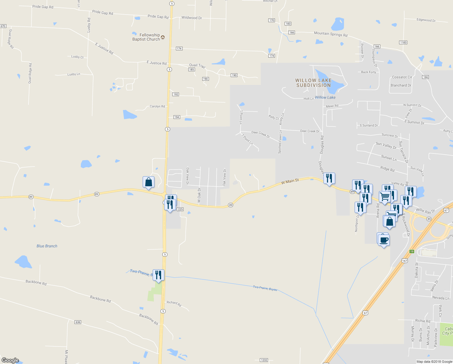 map of restaurants, bars, coffee shops, grocery stores, and more near 701 Oak View Drive in Cabot