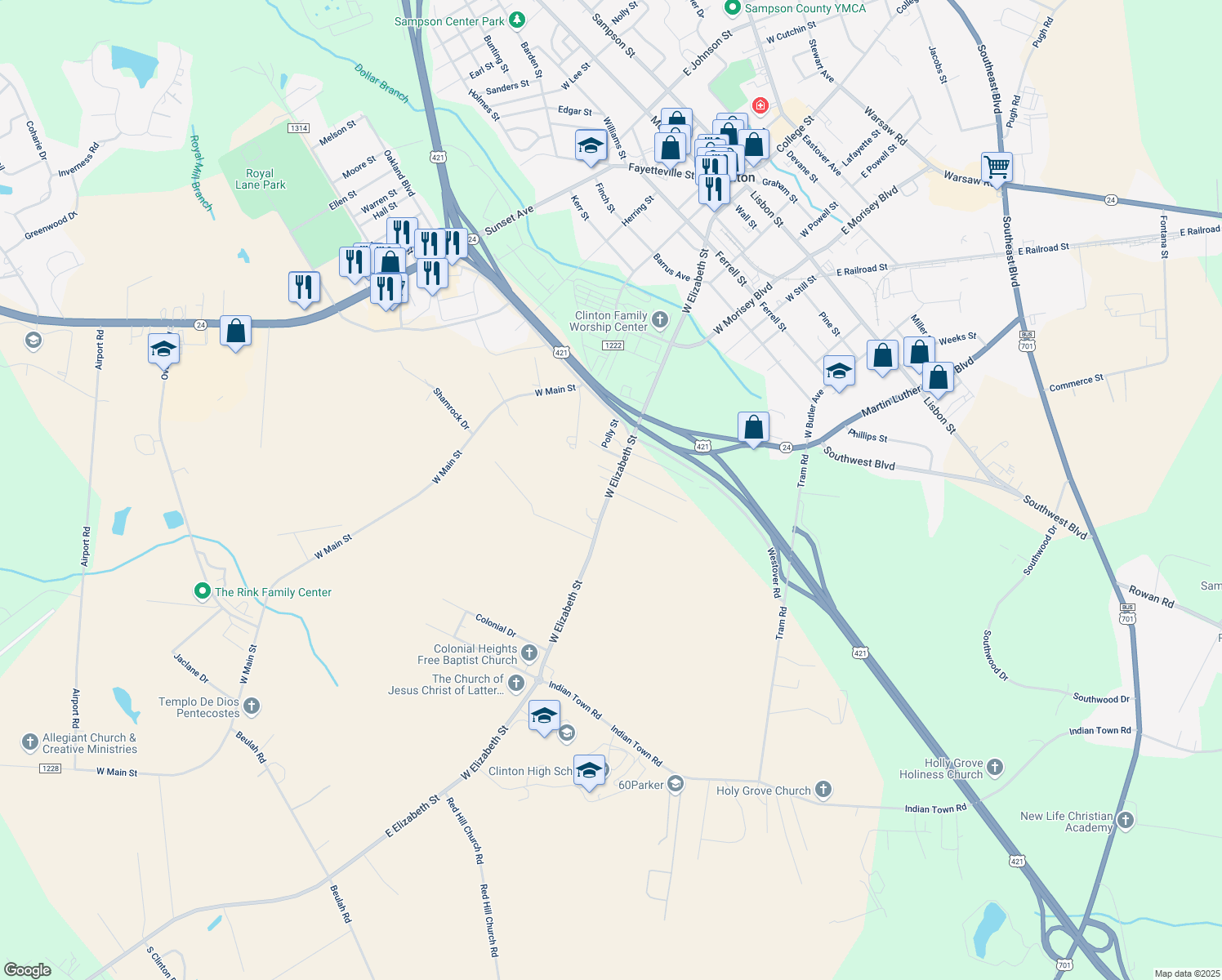 map of restaurants, bars, coffee shops, grocery stores, and more near 786 East Elizabeth Street in Clinton