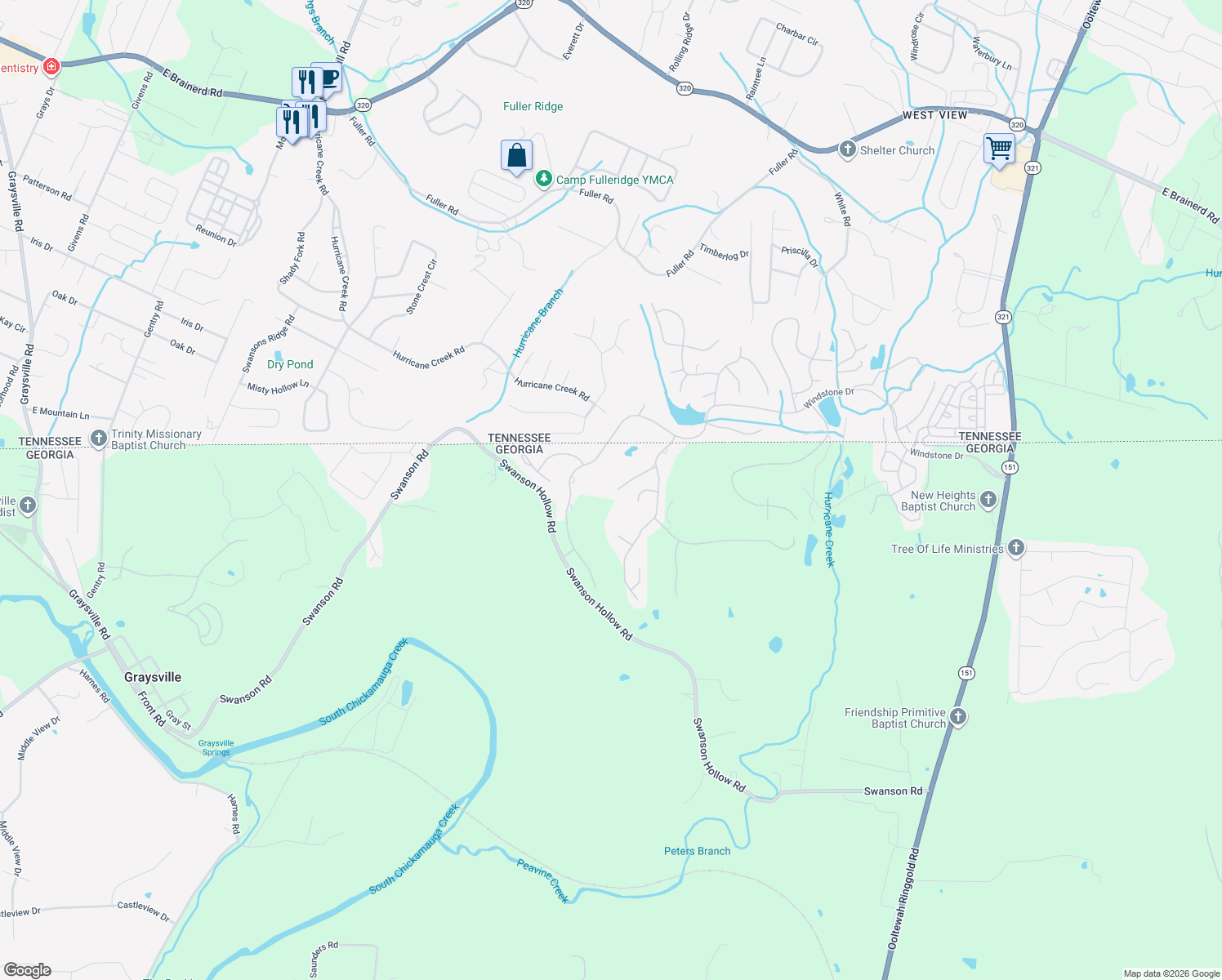 map of restaurants, bars, coffee shops, grocery stores, and more near 144 Woodpecker Place in Ringgold