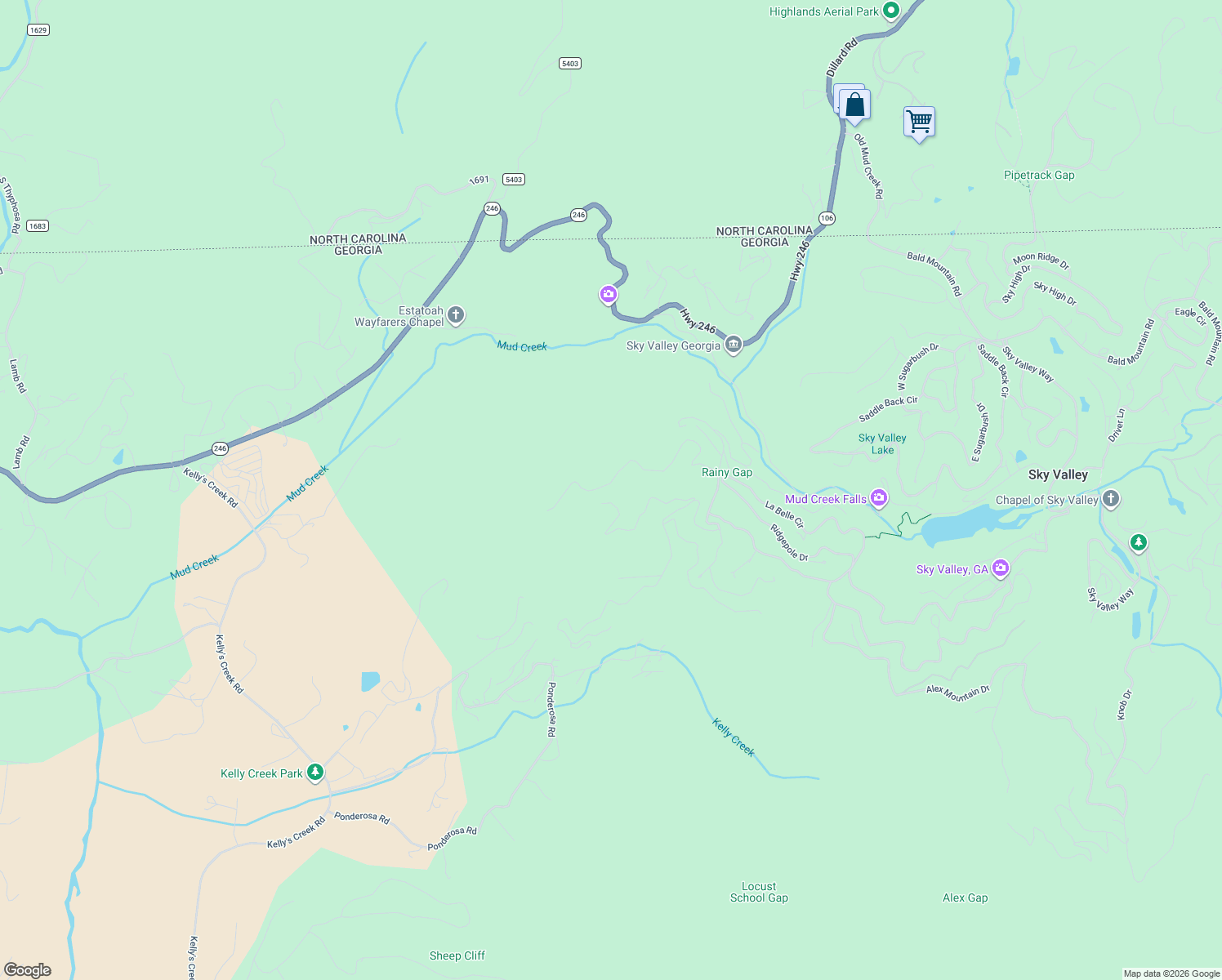 map of restaurants, bars, coffee shops, grocery stores, and more near 2163 Ridgepole Drive in Dillard
