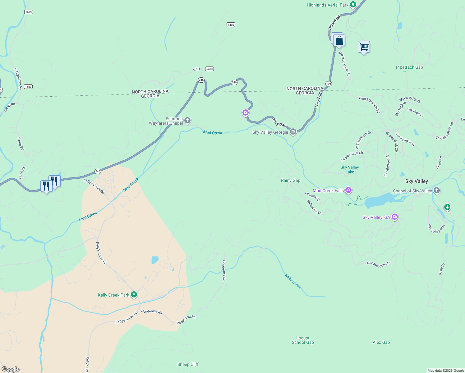 map of restaurants, bars, coffee shops, grocery stores, and more near 2255 Ridgepole Drive in Dillard