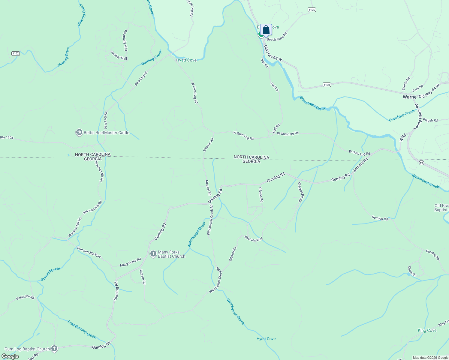 map of restaurants, bars, coffee shops, grocery stores, and more near 2495 Bradley Road in Young Harris