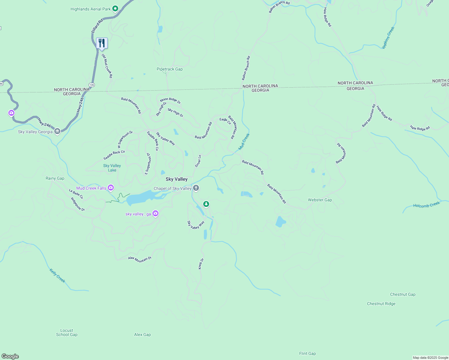 map of restaurants, bars, coffee shops, grocery stores, and more near 57 Aerie Lane in Dillard