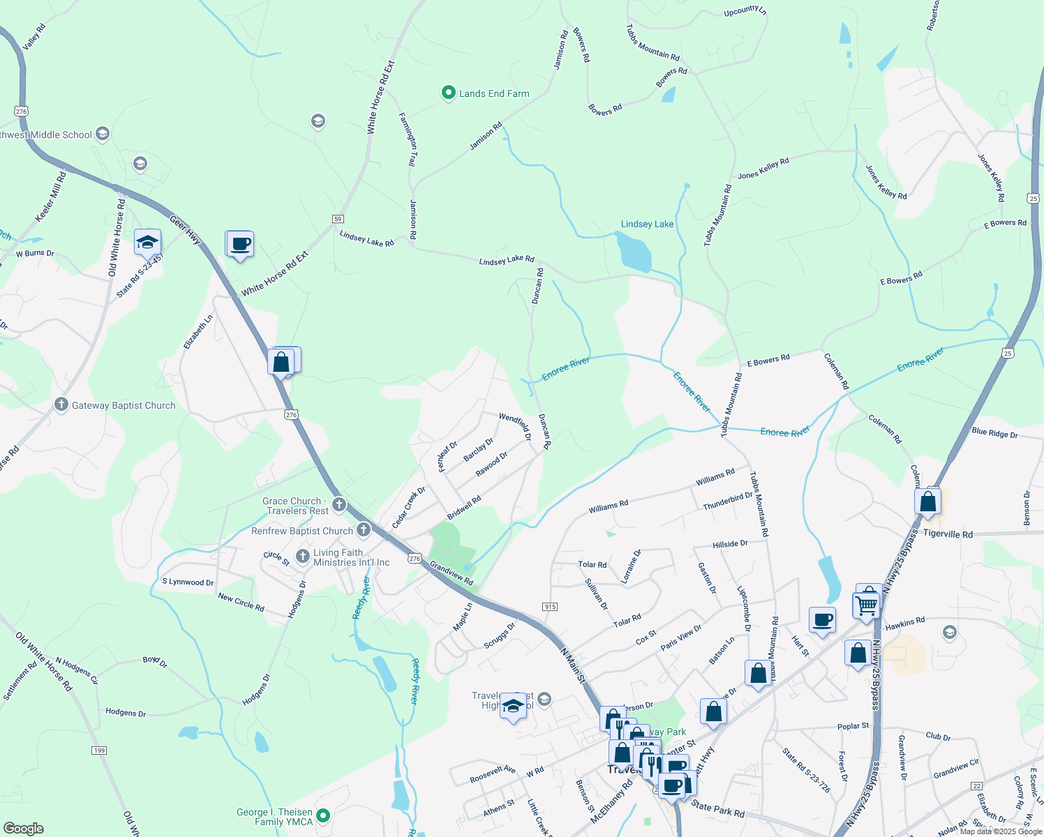 map of restaurants, bars, coffee shops, grocery stores, and more near 110 Wendfield Drive in Travelers Rest