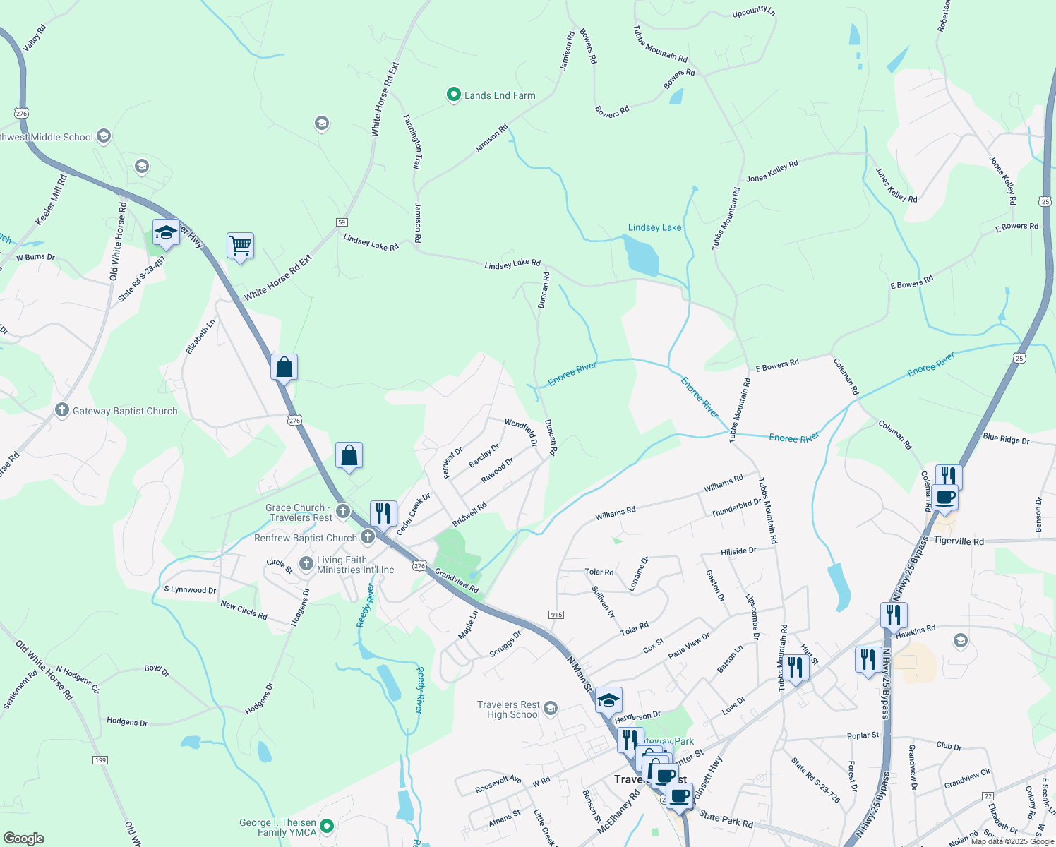 map of restaurants, bars, coffee shops, grocery stores, and more near 110 Wendfield Drive in Travelers Rest