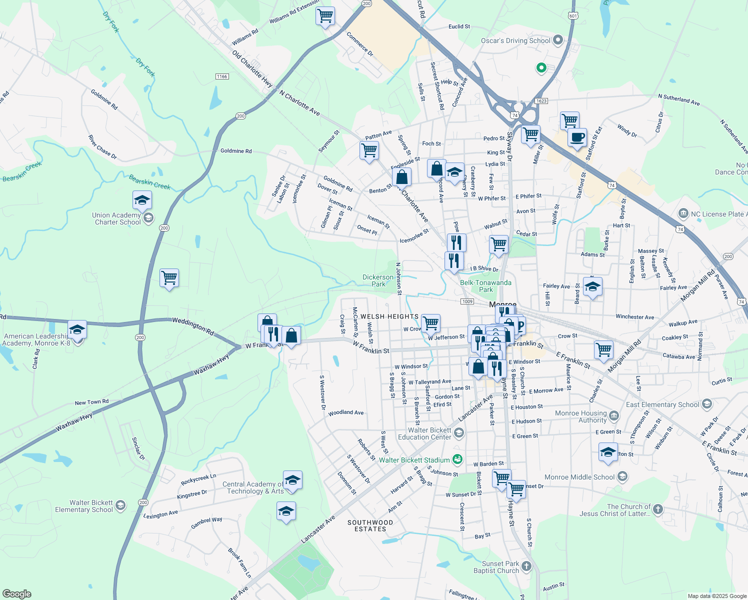 map of restaurants, bars, coffee shops, grocery stores, and more near 629 N West St in Monroe