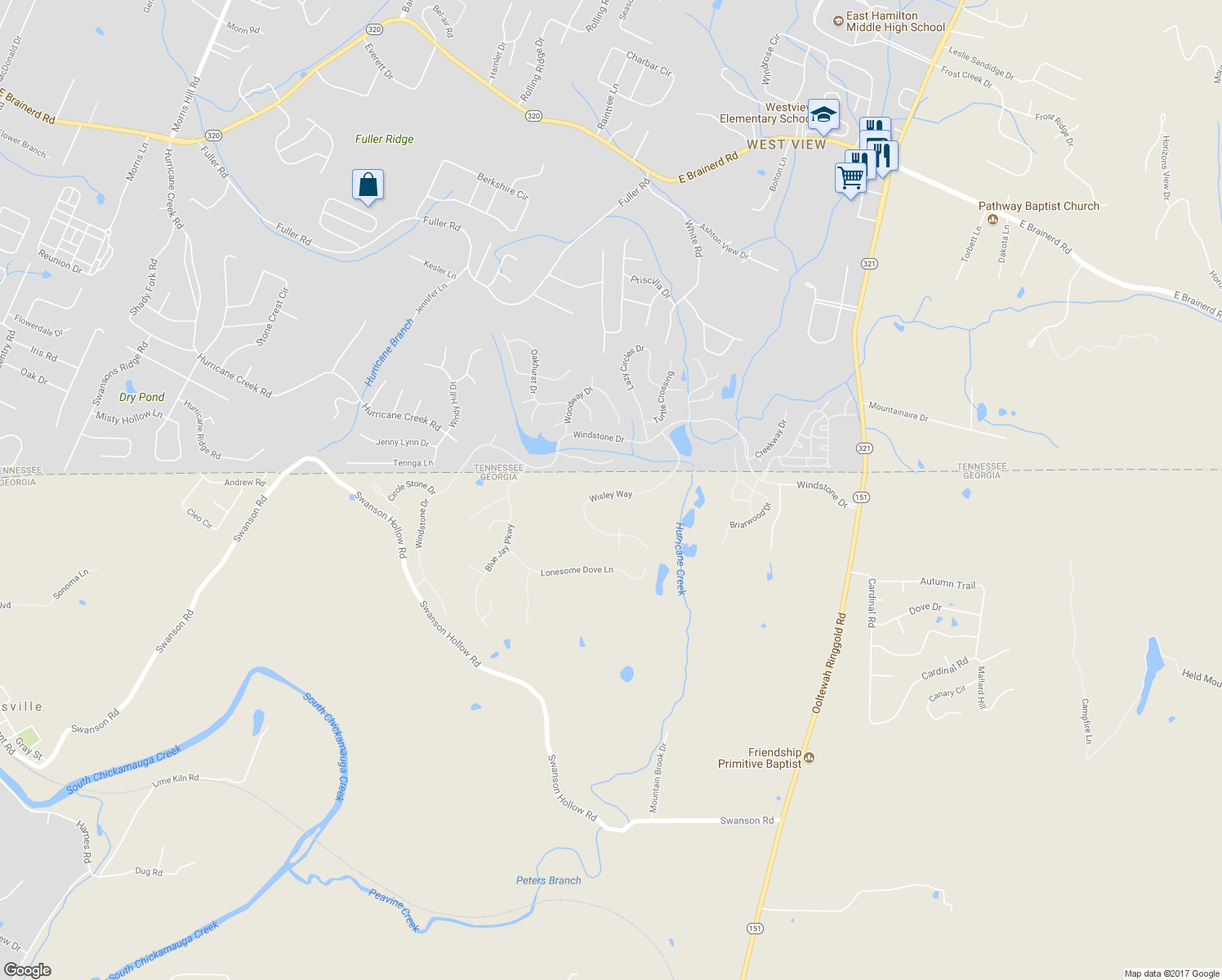 map of restaurants, bars, coffee shops, grocery stores, and more near 348 Wisley Way in Ringgold