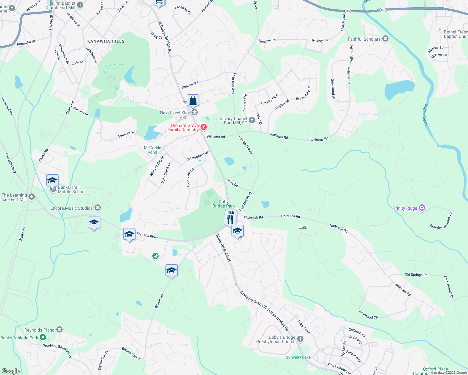 map of restaurants, bars, coffee shops, grocery stores, and more near 1925 Haire Road in Fort Mill