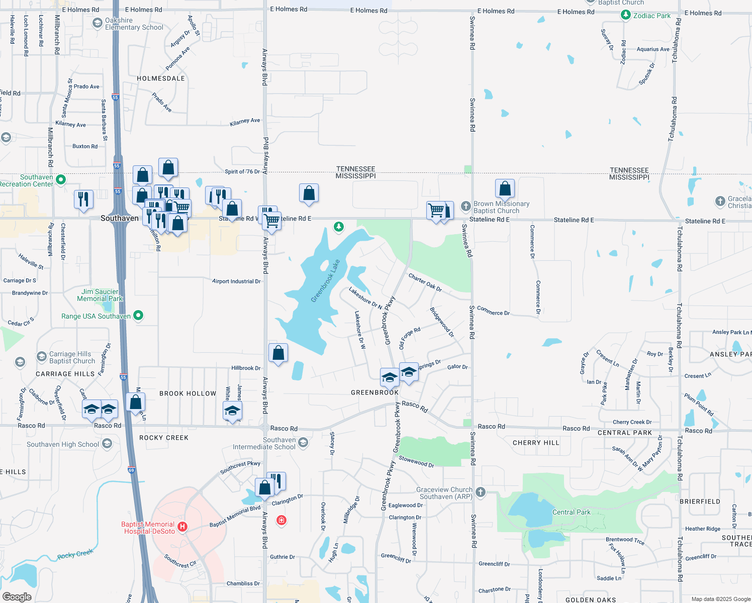 map of restaurants, bars, coffee shops, grocery stores, and more near 512 Lake Shore Drive North in Southaven