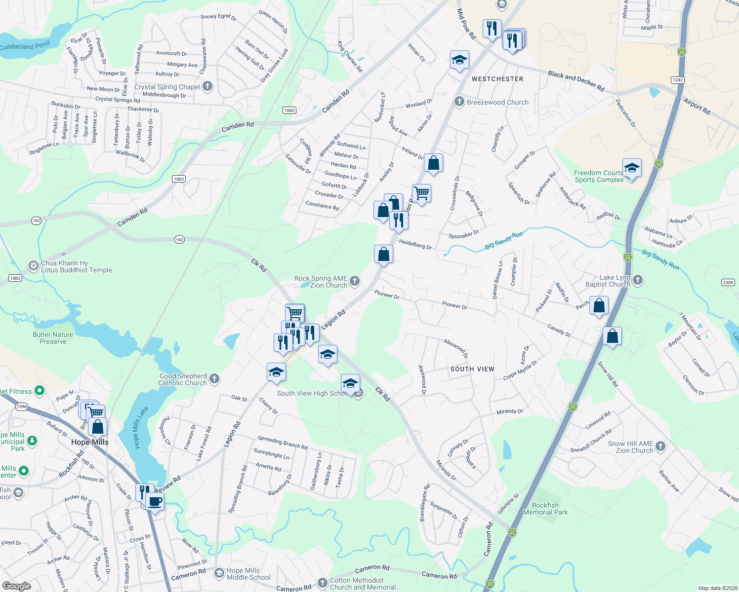 map of restaurants, bars, coffee shops, grocery stores, and more near 4017 Legion Road in Hope Mills