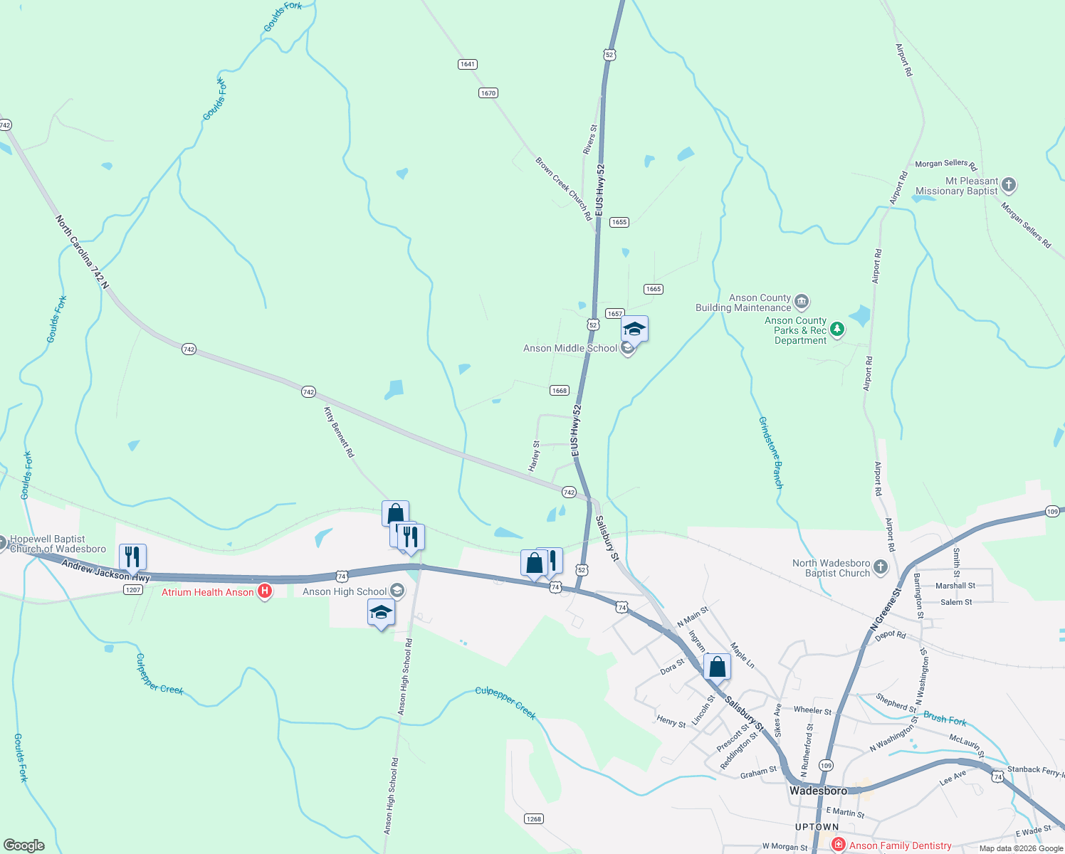 map of restaurants, bars, coffee shops, grocery stores, and more near 179 Harley Street in Wadesboro