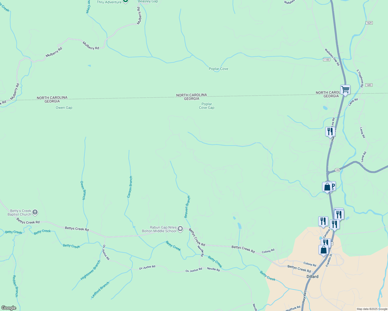 map of restaurants, bars, coffee shops, grocery stores, and more near 698 Shadow Mountain Drive in Dillard