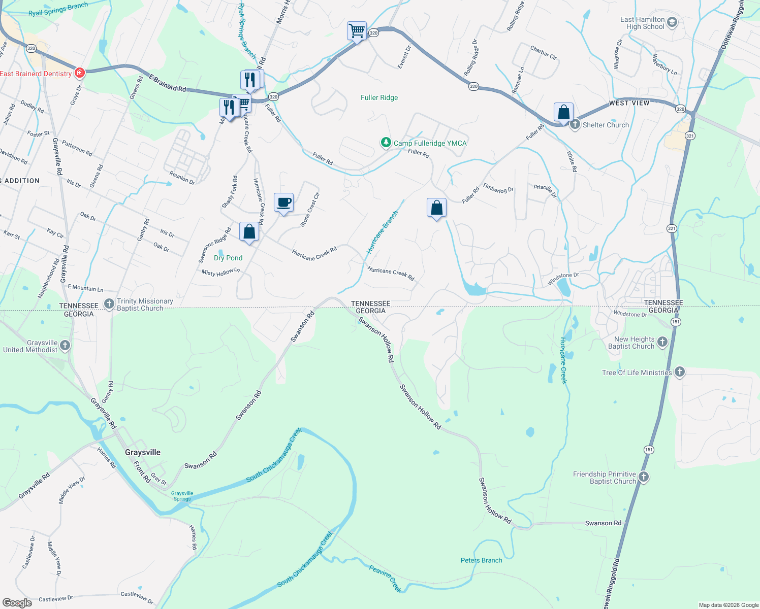 map of restaurants, bars, coffee shops, grocery stores, and more near 6 Windsor Drive in Ringgold