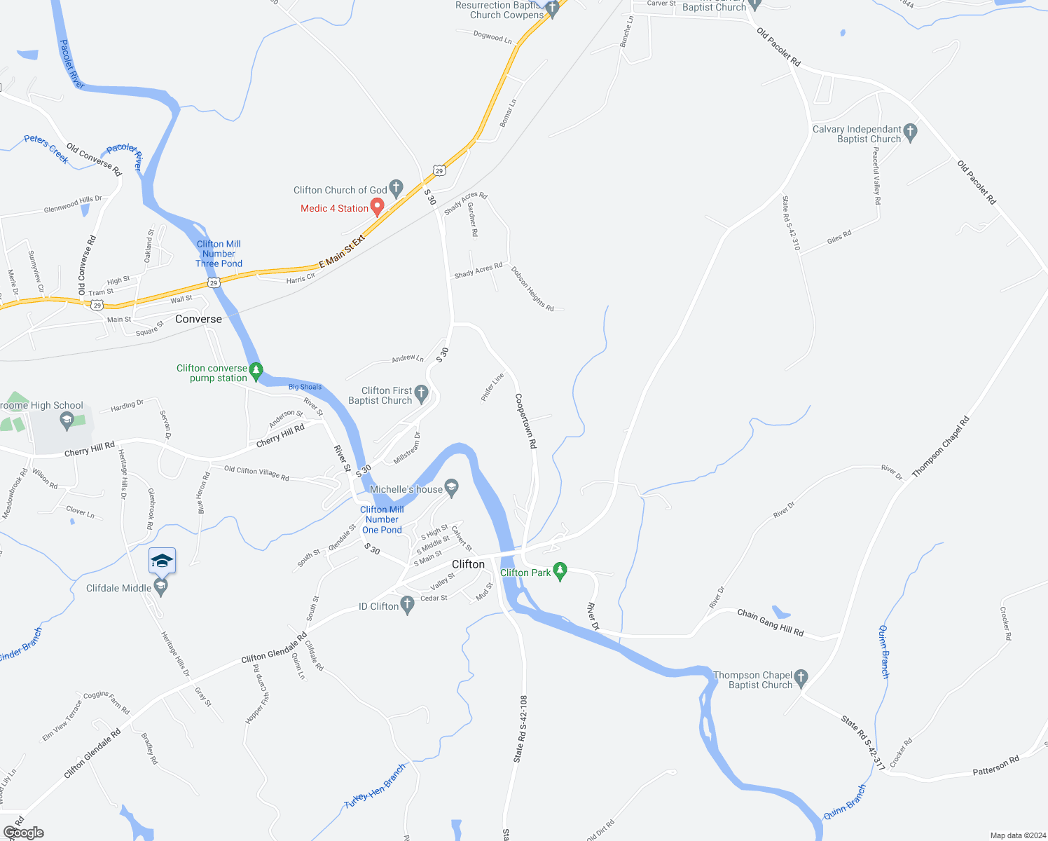 map of restaurants, bars, coffee shops, grocery stores, and more near 521 Coopertown Road in Spartanburg