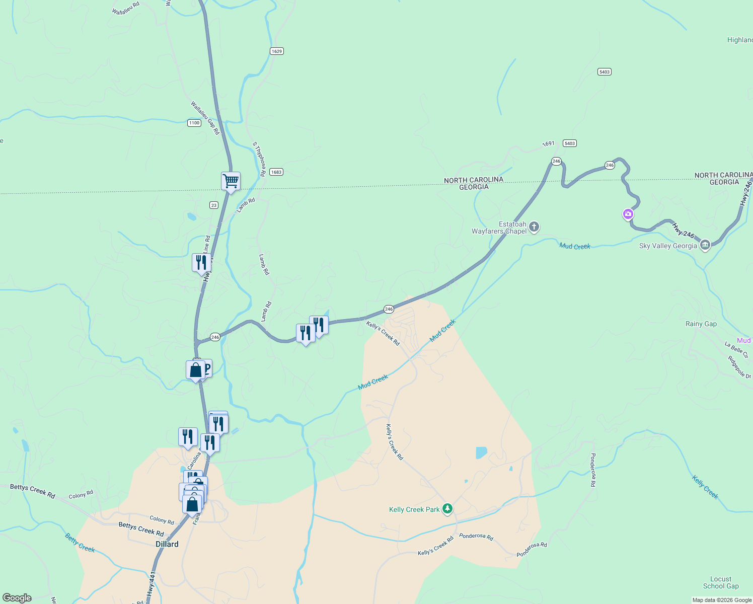 map of restaurants, bars, coffee shops, grocery stores, and more near 122-164 Old Highlands Road in Dillard