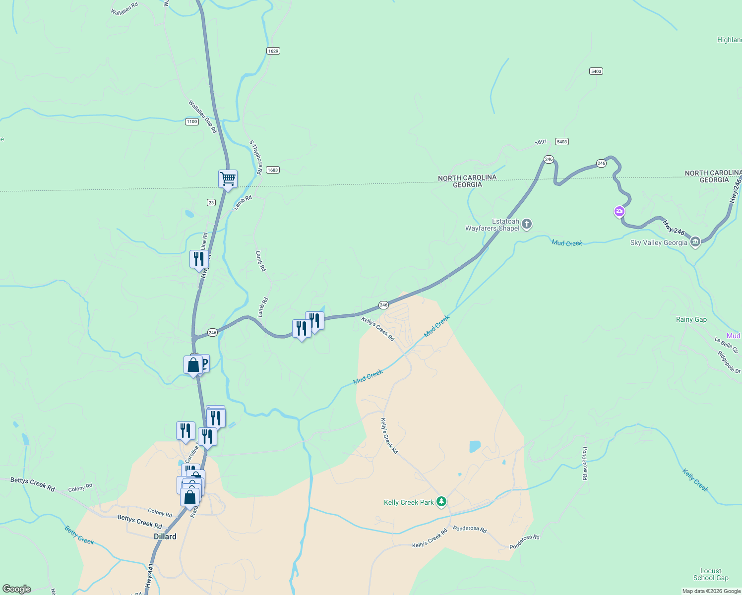 map of restaurants, bars, coffee shops, grocery stores, and more near 122 Old Highlands Road in Dillard