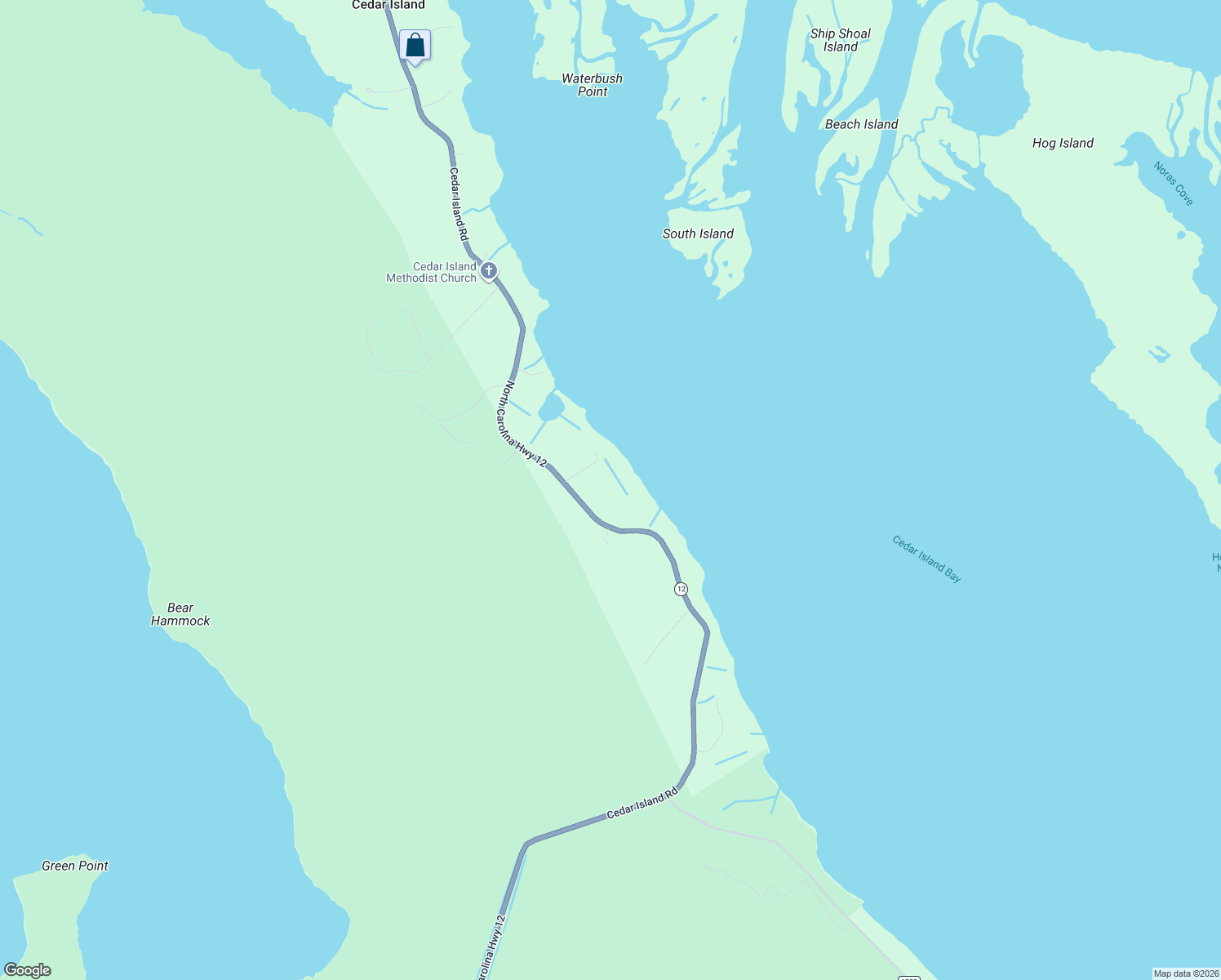 map of restaurants, bars, coffee shops, grocery stores, and more near 2604 Cedar Island Road in Cedar Island