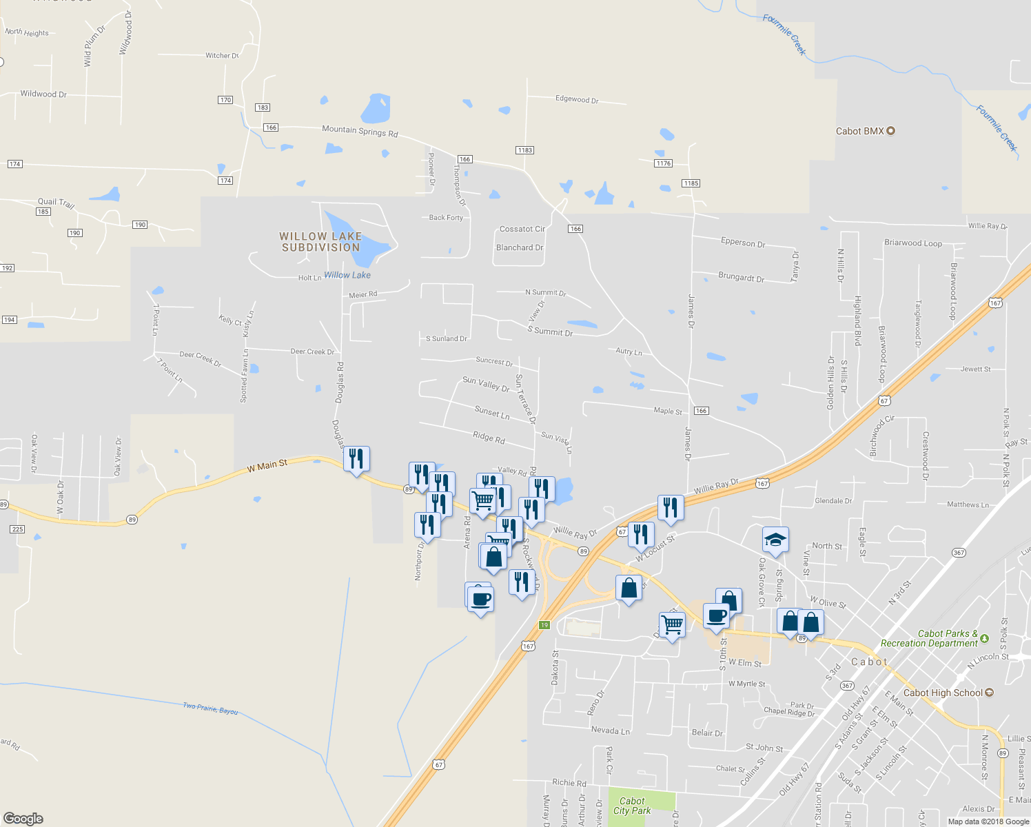 map of restaurants, bars, coffee shops, grocery stores, and more near 14 Sunset Lane in Cabot