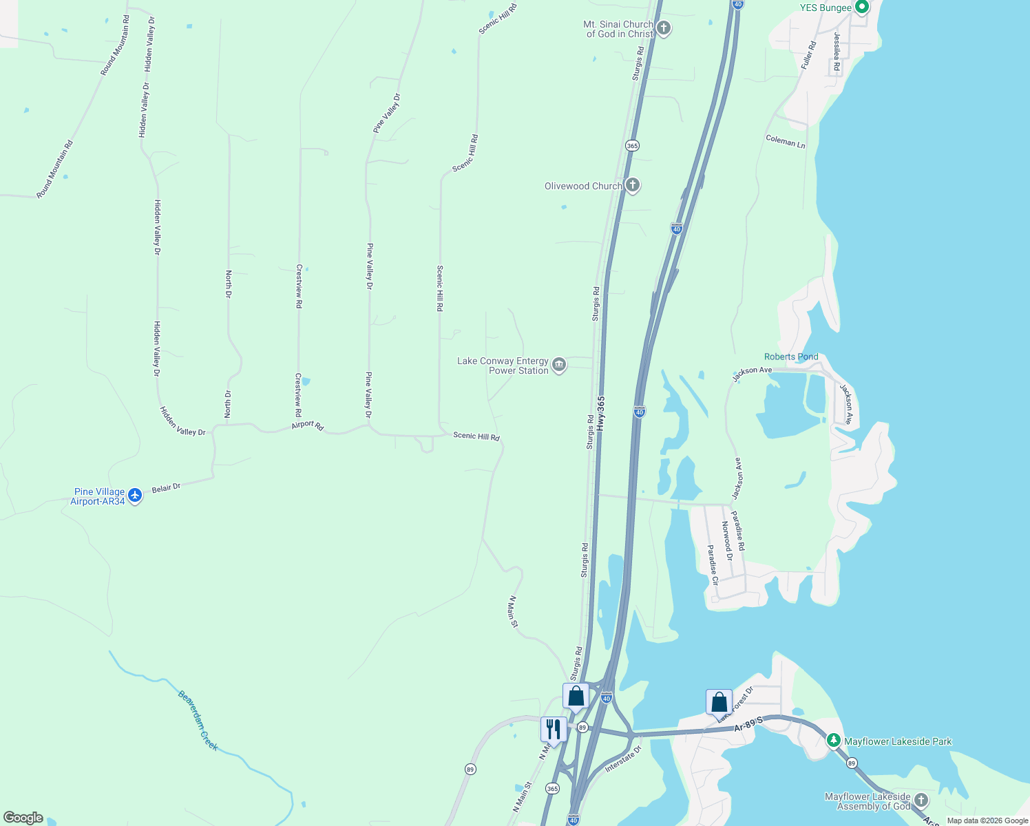 map of restaurants, bars, coffee shops, grocery stores, and more near 7 Pine Mountain Court in Conway