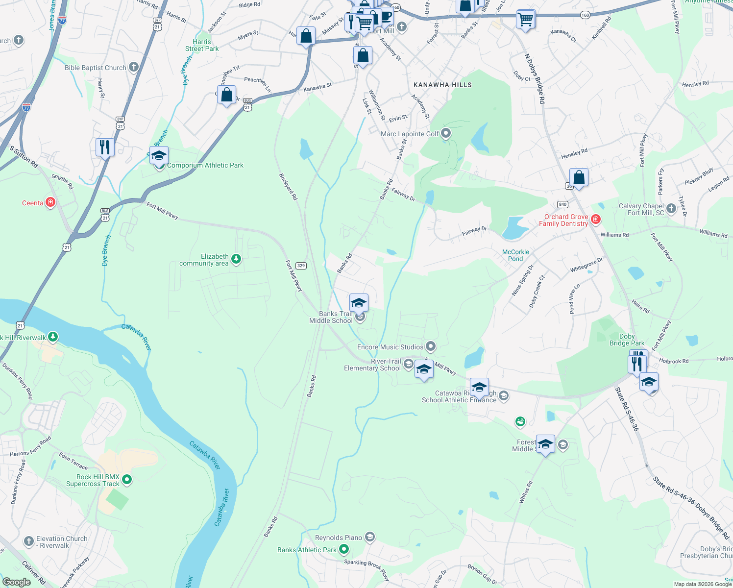 map of restaurants, bars, coffee shops, grocery stores, and more near 1524 Brookbend Court in Fort Mill