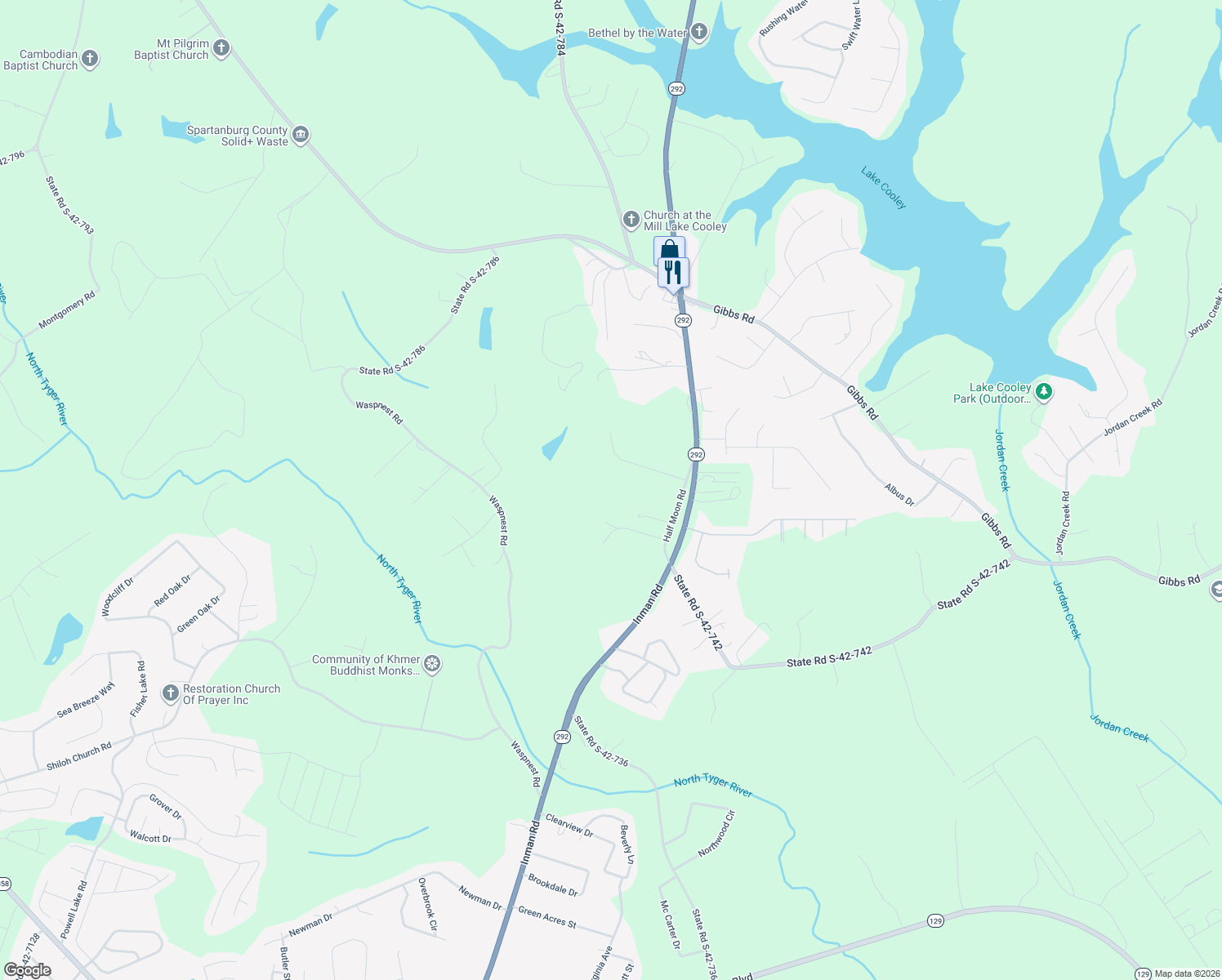 map of restaurants, bars, coffee shops, grocery stores, and more near 349 Evie Brittain Court in Wellford