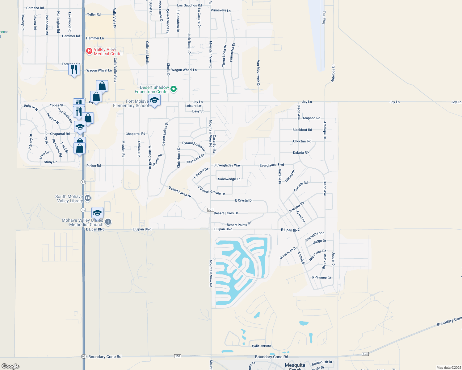 map of restaurants, bars, coffee shops, grocery stores, and more near 2085 East Oasis Lane in Fort Mohave