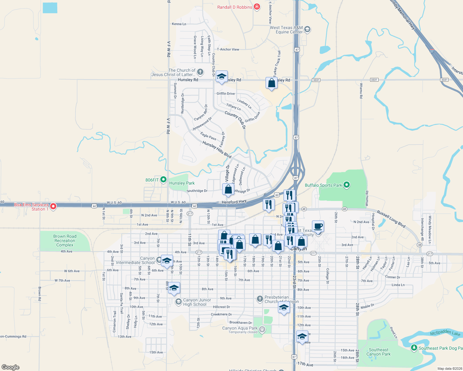 map of restaurants, bars, coffee shops, grocery stores, and more near 1 Edgewood Ln in Canyon