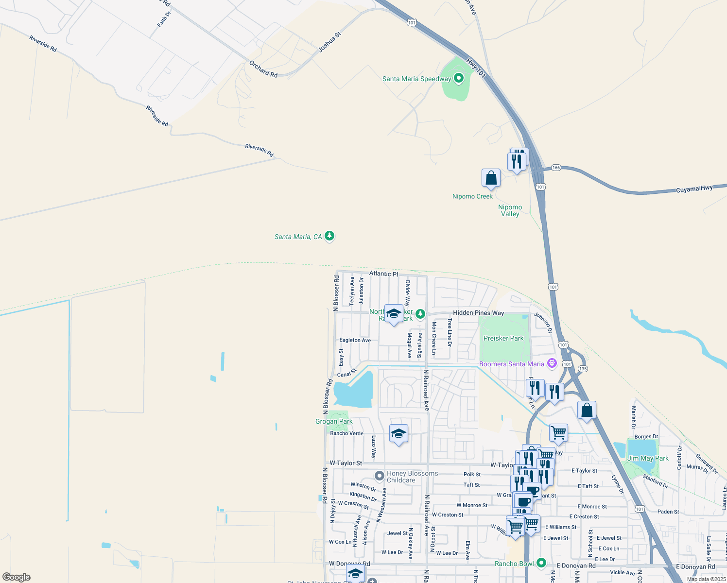 map of restaurants, bars, coffee shops, grocery stores, and more near 2436 Juleston Dr in Santa Maria