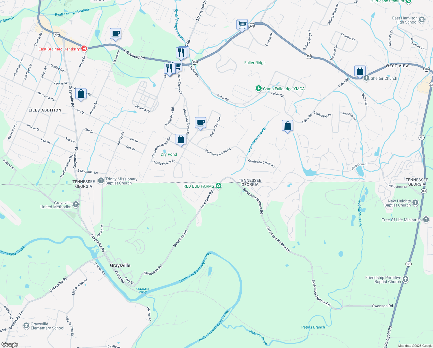 map of restaurants, bars, coffee shops, grocery stores, and more near 8928 Hurricane Ridge Rd in Chattanooga
